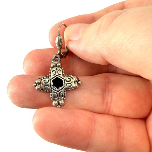Inca Chakana Cross Earrings Silver Tone Black Onyx Inlay Dangle Boho NO MARKINGS - Picture 3 of 15